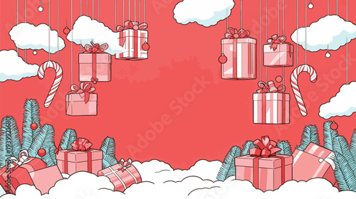 Presents hang in the air among fluffy clouds, creating a festive scene with candy canes and holiday decorations for celebration.