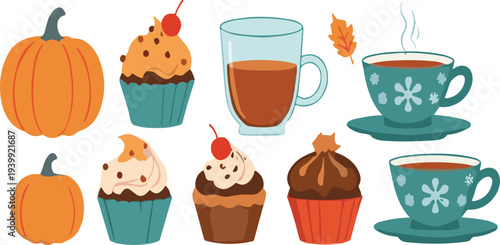 Autumn pumpkin cupcakes and hot tea cozy fall dessert collection vector illustration with seasonal sweets leaves and warm drink elements
