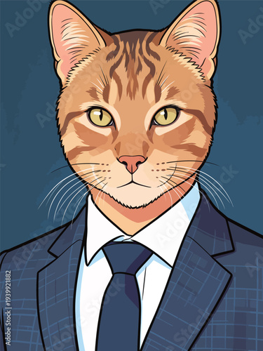 A cat with orange stripes wears a suit and tie. The background is blue. The cat looks directly at the viewer with focused eyes.