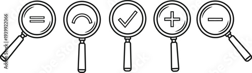 A set of five magnifying glasses with different mathematical symbols