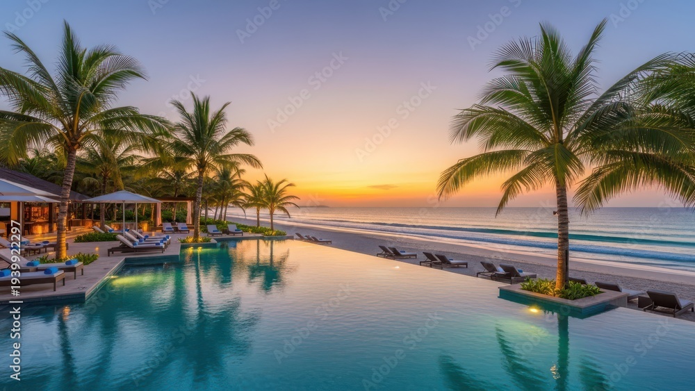 Fototapeta premium Serene sunset by the beachfront pool