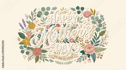 Elegant hand drawn lettering for Mother’s Day with botanical elements, flat vector style