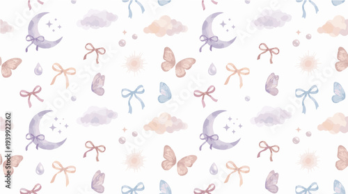 Ethereal coquette seamless pattern with celestial moon stars and dreamy elements in soft pastel