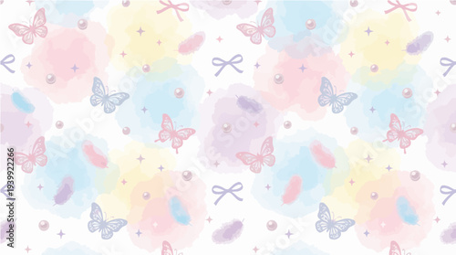 Enchanting coquette seamless pattern with dainty butterflies and pearls in soft pastel palette