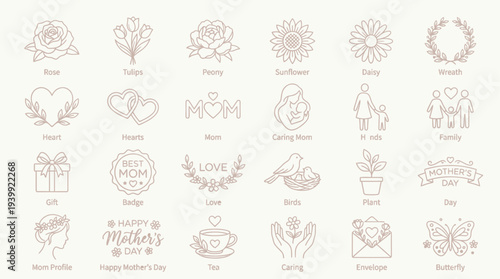 Elegant outline icons collection for Mother’s Day theme, flowers and love symbols