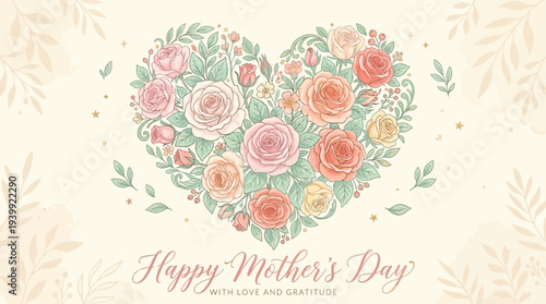 Heart shape made from blooming roses and leaves, soft pastel color palette, Mother’s Day vector illustration
