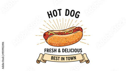 Delicious hot dog illustration with mustard and ketchup on a sesame seed bun with fresh and delicious best in town text labels.