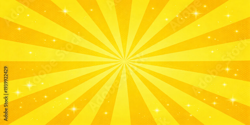 Abstract a radiant sunburst background illustration, a striking yellow gradient emanating from the center. Sparkling stars add a touch of magic.