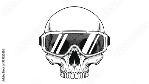 Human skull wearing modern tactical or ski goggles in grayscale showing a tough and extreme sports or military concept.