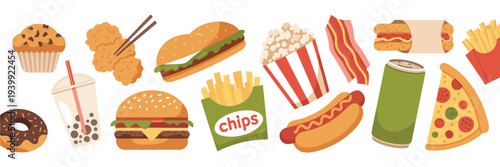 fast food set, collection of junk food illustrations including burger French fries pizza hot-dog soda popcorn donut muffin ice-cream shawarma and quick snacks, flat vector design isolated on white bac