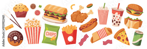 fast food set, collection of junk food illustrations including burger French fries pizza hot-dog soda popcorn donut muffin ice-cream shawarma and quick snacks, flat vector design isolated on white bac