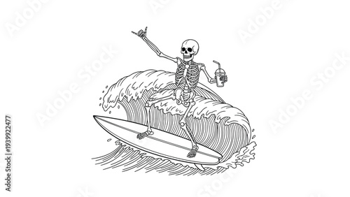 Funny skeleton character surfing on a large wave while holding a drink and making a shaka sign in a detailed line art style.