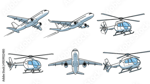 Set of illustrations featuring commercial airplanes and helicopters in various flight angles for transportation and aviation themes.