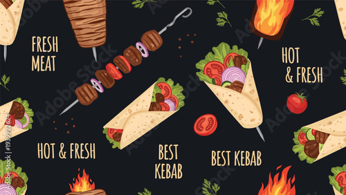 Seamless pattern background featuring various kebabs wraps fresh ingredients and grilling themes on a dark background.