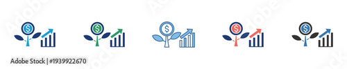 Clean vector icons depicting financial prosperity, market analysis, and successful business growth, illustrating strategic investment leading to upward economic development