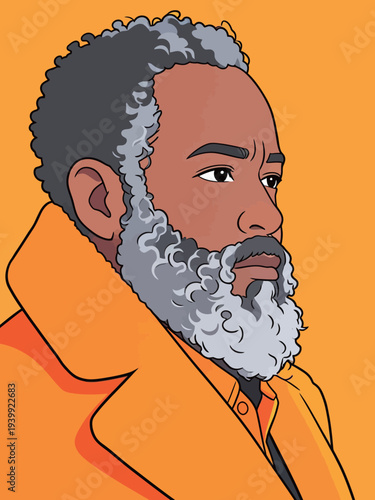 A man with a gray beard and short curly hair is looking to the side. He is wearing an orange coat. The background is bright yellow.