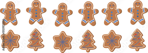 Christmas gingerbread cookies set with gingerbread men stars and Christmas tree biscuits decorated with icing festive holiday vector illustration