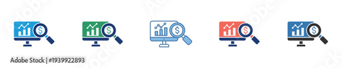 Icons for digital data analysis, business intelligence, and market research, showing statistical charts and investigative tools on computer monitors for performance insights