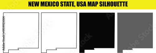New mexico state usa map silhouette set of icons including solid outline and dotted designs on transparent grid background