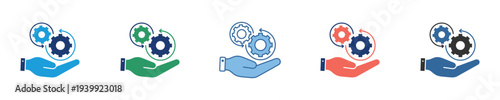 Vector icon set depicting hands supporting gears, symbolizing technical assistance, system maintenance, engineering solutions, and collaborative innovation for modern business and technology