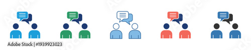 Vibrant multi-colored icon set illustrating people in discussions, conversations, and meetings, symbolizing effective communication, collaboration, and social interaction