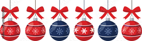 Christmas hanging ball ornaments with red bows festive holiday decoration baubles winter celebration vector illustration set