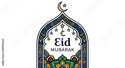 Eid mubarak greeting card with crescent moon symbol for joyful celebrations. Perfect for festive invitations, social media posts, and advertisements.