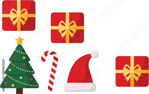 Christmas holiday elements collection with gift boxes santa hat candy cane decorated tree festive vector illustration set