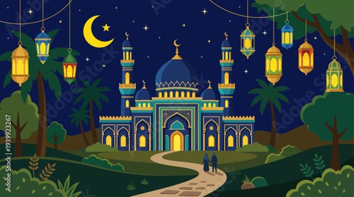 Eid mosque under moonlit sky with lanterns  islamic culture, ramadan celebration. Suitable for ramadanthemed designs, islamic festivals, cultural events.