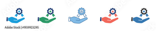 Hand with medal graphic icons. Symbolizing quality, achievement, and recognition for superior service. Ideal for conveying excellence in modern digital design and branding efforts