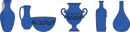 Classic ceramic pottery collection with decorative vases bowl amphora and bottle silhouettes traditional pottery vector illustration set