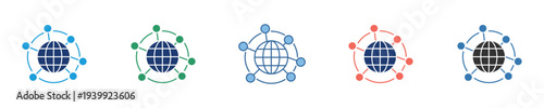 Vector icons showing global network connections, digital communication, internet infrastructure, and worldwide data exchange