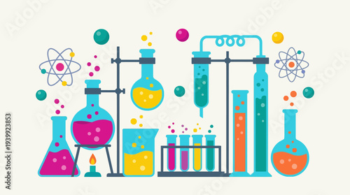 Laboratory equipment and scientific experiments in a colorful setting.