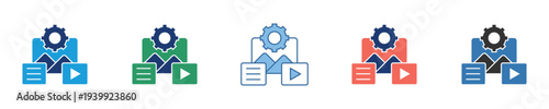 Icon set for managing digital content, media, and data settings, featuring a cogwheel for configuration and system processing in technology applications
