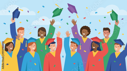 Diverse group of graduates celebrating with caps and gowns.
