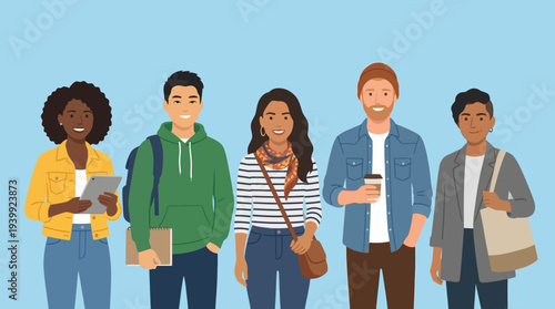 Diverse group of young adults standing together casually.