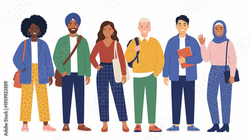 Diverse group of people standing together in casual attire.