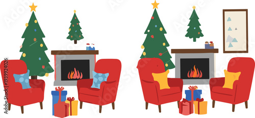 Cozy Christmas living room interior with decorated tree fireplace red armchairs gift boxes festive winter holiday home vector illustration
