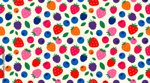 Vibrant cartoon fruits pattern with strawberries, blueberries, and oranges.