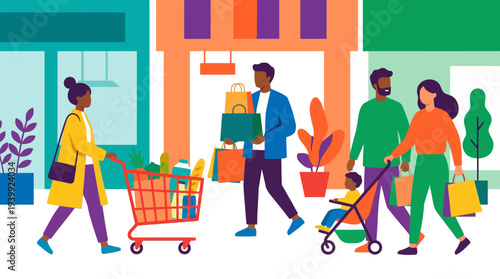 Family shopping together at a modern retail store with colorful background.