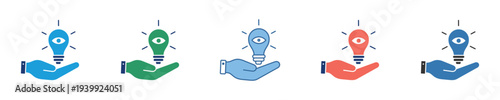 Vector collection of bright idea concept icons. Hands cradle glowing lightbulbs, symbolizing innovation, creative solutions, inspiration, and the birth of new brilliant concepts