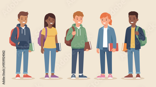 Diverse group of students standing together with books and backpacks.