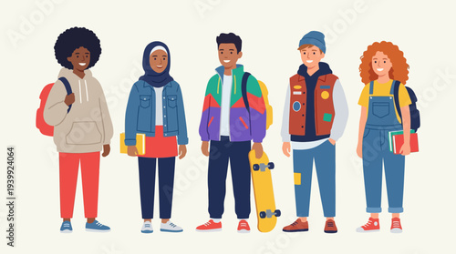 Diverse group of young people standing together with backpacks and books.