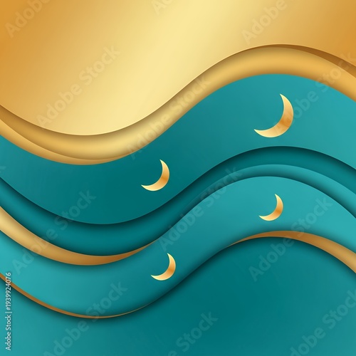 Elegant Golden Crescent Moons on Teal Wavy Abstract Background