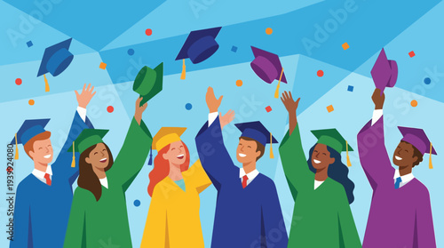Diverse group of graduates celebrating with caps in the air.