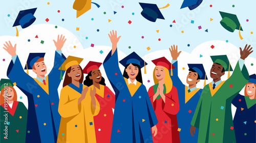 Group of diverse graduates celebrating with confetti and caps.