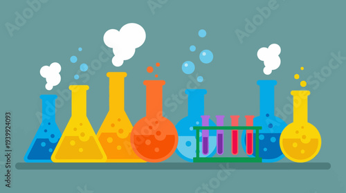 Colorful Laboratory Equipment and Books on a Shelf.