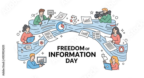 Illustration of people working on computers and media equipment on Freedom of Information Day with a design celebrating public access to information and government transparency.