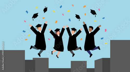 Graduates in caps and gowns jumping over a gap.