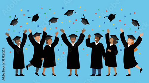 Graduation Ceremony Celebration with Confetti and Caps.